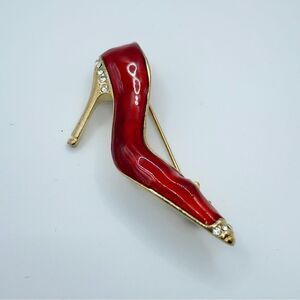 Red Enamel Stiletto Pump Shoe Brooch Rhinestones High Heel Gold Tone Pin